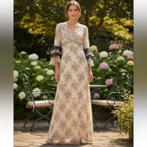 BCBGMaxAzria Cream and Black Floral Long Sleeve Dress